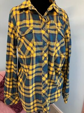 Duluth Trading Co Yellow & Teal Plaid Button-Front Shirt